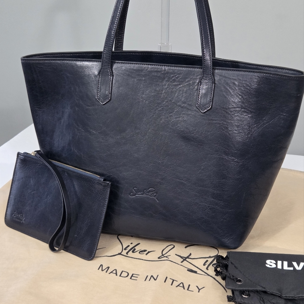 SILVER & RILEY MANILA ALL PURPOSE LARGE CARRYALL LEATHER TOTE BAG MIDNIGHT BLUE
